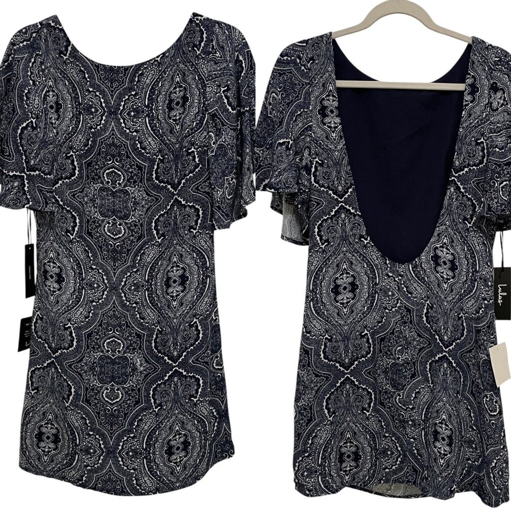 Lulus‎ Dress Womens S Navy Blue Paisley Open Back Mini Flutter Sleeves NWT